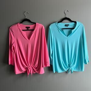 Lot of 2 Investments Tie front Blouse Tops Size Large Blue and Pink